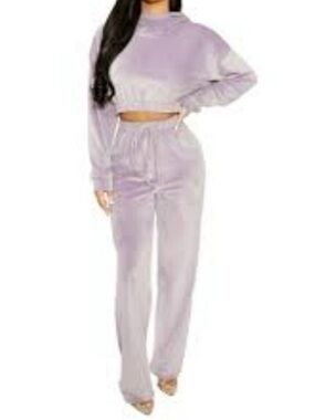 Cropped Plush Velour Hoodie and Wide Leg Velvet Track Set in Soft Dusty Lavender
